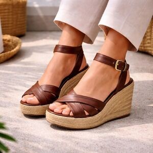 Coach Brown Leather Espadrille Wedge Sandals Resort Summer Size 7